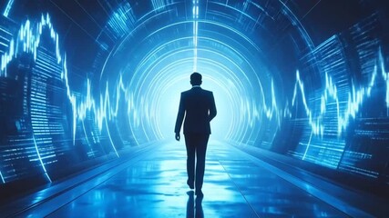 Businessman Walks Through Futuristic Financial Data Tunnel - Powered by Adobe