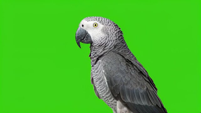 African grey parrot in front of the green screen