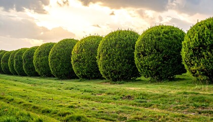 Line of perfectly round, manicured bushes in a green field, illuminated by soft sunlight