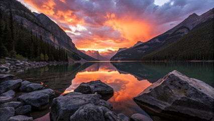 Dramatic sunset over a calm mountain lake reflecting vibrant orange and purple clouds, with dark rocky foreground and evergreen trees