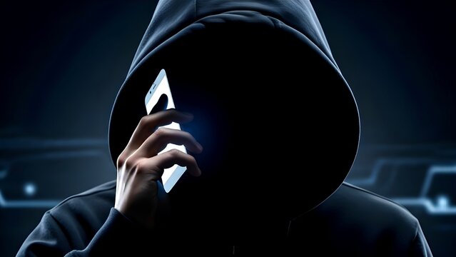 ​A shadowy, unidentified person wearing a black hoodie talks on a smartphone, with their face hidden in darkness. Concept of hacker, cyber crime, anonymity, or scam calls and privacy threat.