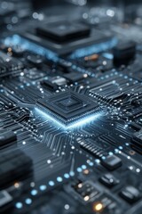 Fototapeta premium Close-up of a glowing microchip on a circuit board, symbolizing advanced technology and digital innovation.