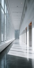Fototapeta premium Sunlight streams across a sleek, modern interior corridor
