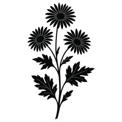 Black Daisy Flower Branch Silhouette Botanical Vector Illustration