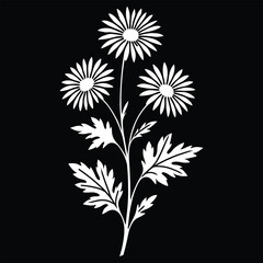 White Flower Branch Silhouette on Black Elegant Botanical Vector