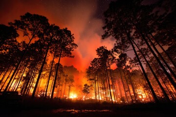 Fiery forest blaze ignites night sky with intense orange glow