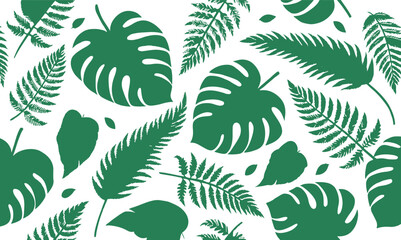 Seamless pattern of various green tropical monstera and fern leaves creating a vibrant jungle foliage background on a clean white backdrop, perfect for nature and summer design © Junaed