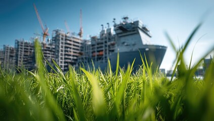 Lush green grass foreground with large ship and industrial structure