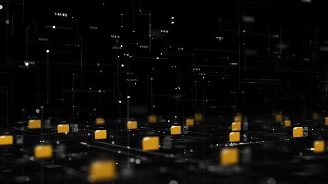 Digital folders on a virtual data grid representing cloud storage, data management, cybersecurity, and modern information system infrastructure.