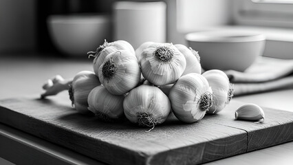 Stunning black and white close up of fresh garlic bulbs ready for cooking on a dark wooden cutting board