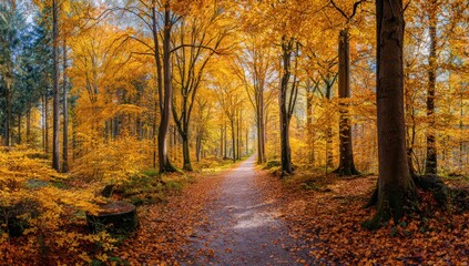 Obraz premium Sunlit autumn forest path lined with golden trees, carpeted in fallen leaves