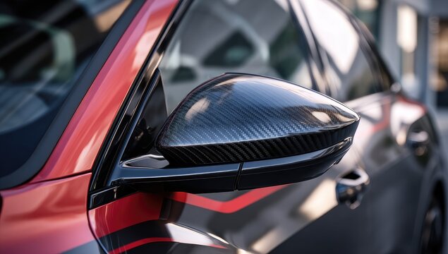Close up of a car's carbon fiber side mirror and red bodywork