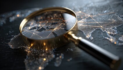 Magnifying glass over a glowing, connected global map with illuminated cities
