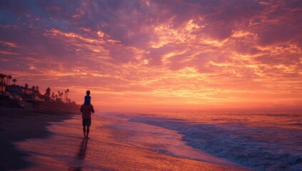 Father carries child on shoulders walking on a beach at sunset with vibrant sky