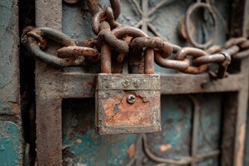Heavily rusted padlock and chain securing an old, weathered metal door or gate