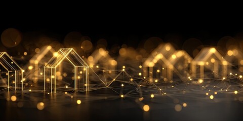 Illuminated geometric houses connect on a dark background with bokeh