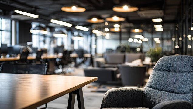 Modern, spacious office interior with comfortable seating and workstations