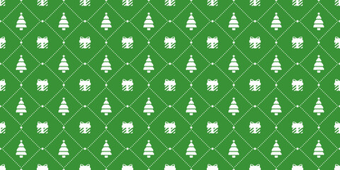 Green seamless Christmas pattern with diamond grid layout, trees and gift icons for festive wrapping and decoration.