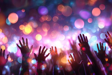 Crowd with raised hands at a vibrant, bokeh-lit event, celebrating