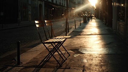 Empty outdoor cafe chairs bathed in golden sunlight on a quiet city street