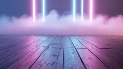 Wooden floor bathed in neon pink and blue light with atmospheric fog
