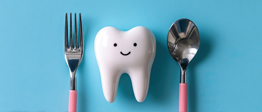 A smiling tooth sits between a fork and spoon on a blue background