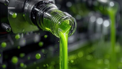 Bright green liquid pours from a clear bottle, in a workshop setting