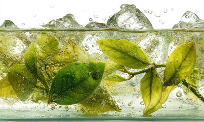 Green leaves submerged in clear liquid with ice and bubbles