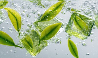 Fresh green leaves and ice cubes submerged in bubbly water, refreshing