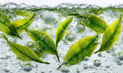 Vibrant green tea leaves suspended in effervescent water with rising bubbles