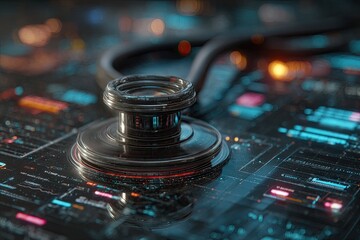 Futuristic stethoscope on glowing digital circuit board with data streams