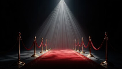 A dramatic spotlight illuminates a luxurious red carpet and velvet ropes