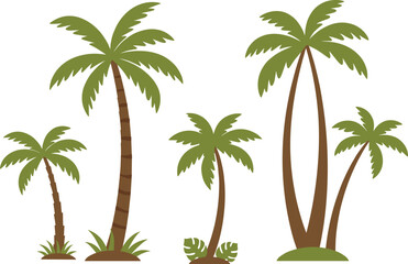 Cartoon palm trees, tropical plant illustration, green fronds and brown trunks, nature vector, landscape design, child-friendly artwork, beach theme, stylized tree collection, summer vibe