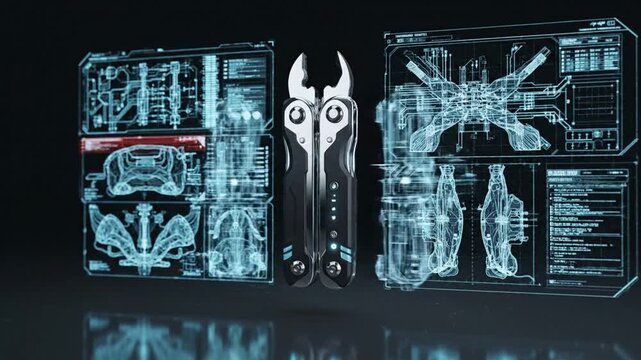A multitool flanked by digital blueprints showcasing its design and internal components, dark theme
