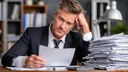 Weariness in the Workplace: A determined businessperson sits buried under paperwork, his face etched with worry as he wrestles with the weight of responsibility