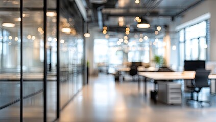Fototapeta premium Blurred view of a modern, empty office with glass partitions and workstations