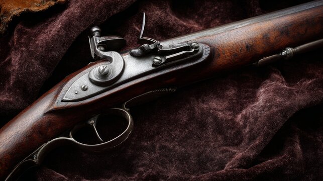 flintlock. Antique flintlock musket displayed on velvet cloth, detailed wood and metal components. event programs, museum guides, designed for cultural heritage projects and event programs.
