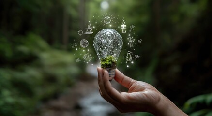 Hand holding lightbulb filled with moss, with nature icons floating around