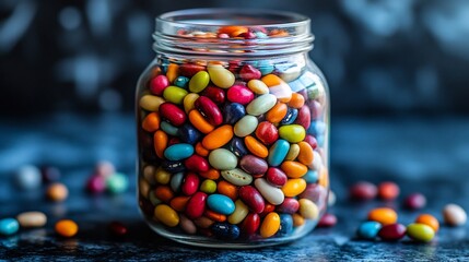 Colorful candy beans in glass jar, dark background, confectionery, food photography
