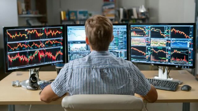 Market Analyst at Work: A diligent market analyst intently monitors financial data displayed on multiple computer screens, deciphering the dynamic trends and patterns of the stock market.
