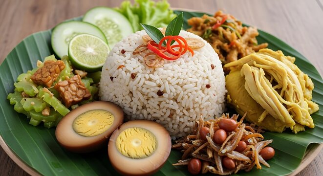 Nasi Liwet, traditional Indonesian rice dish with various side dishes served on a banana leaf.