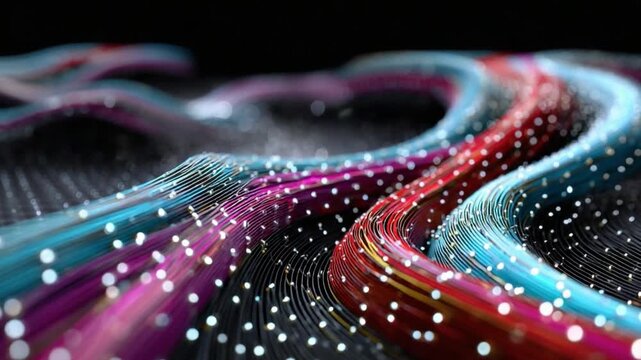 Interwoven Data Streams: An artistic representation of data transmission, showcasing a network of intertwined, flowing streams of information in vibrant colors. 