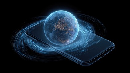 Glowing Earth hologram hovers above a smartphone, encircled by blue energy waves