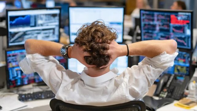 Relaxed Day Trader: A day trader finds a moment of respite amidst the high-stakes environment of financial markets, surrounded by multiple computer screens displaying stock charts and data.