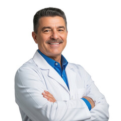 Smiling doctor with crossed arms in lab coat on a white background isolated on transparent background