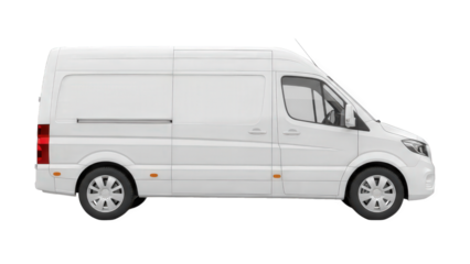 Clean white commercial cargo van for logistics and delivery service isolated on transparent background