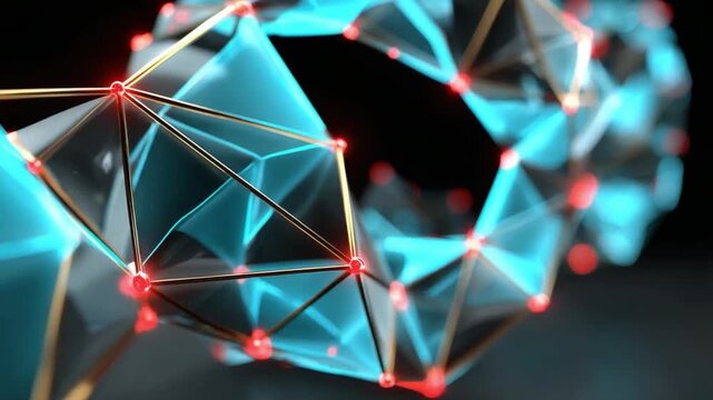 Abstract Geometric Composition: A stunning composition of interconnected geometric shapes with illuminated edges and a network of connecting nodes, set against a dark backdrop.