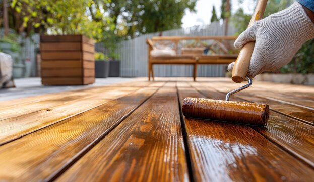 Hand wearing glove applies wood stain to outdoor deck with roller