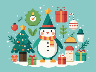 Cute christmas penguin and friends celebrate the holidays