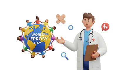 Doctor figure and globe with world leprosy day text. Suitable for medical awareness campaigns, healthcare presentations, or global health publications.